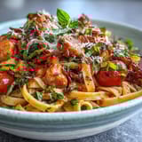 Fresh basil and grated Parmesan garnish a steaming bowl of Italian Drunken Noodles, highlighting the vibrant red sauce and savory protein on a rustic table.