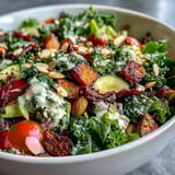 A vibrant Kale Salad Bowl with massaged kale, roasted vegetables, and crunchy seeds, drizzled with creamy tahini dressing.  