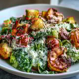 Freshly tossed Romaine Caesar Bowl with shaved Parmesan, halved cherry tomatoes, and golden croutons for a satisfying lunch.