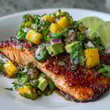 Juicy baked salmon served with a zesty mango avocado salsa, perfect for a fresh, light meal.  
