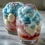 A refreshing Cotton Candy Lemonade Float with vanilla ice cream, cotton candy swirls, and lemon garnish in a sprinkle-rimmed glass.