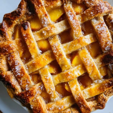 Warm Peach Pie served a la mode, with vanilla ice cream melting into the tender fruit.