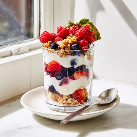 Creamy Greek yogurt, crunchy granola, and fresh mixed berries layered in a clear glass for a healthy breakfast.