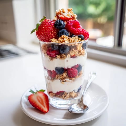 A vibrant Berry Parfait topped with honey drizzle, showcasing strawberries, blueberries, and raspberries for a refreshing dessert.