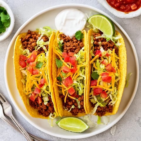 Golden soft tortilla Beef Tacos topped with melty cheese, diced tomatoes, and a dollop of sour cream on a rustic table.