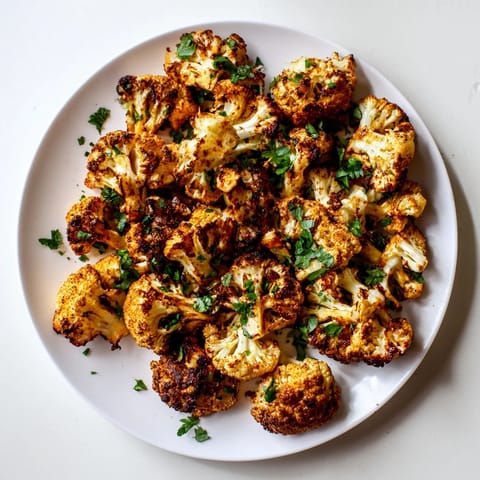 Golden brown Roasted Cauliflower florets sizzling with olive oil and spices on a baking sheet.