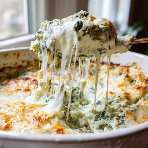 Golden, bubbly Spinach Artichoke Dip in a white baking dish, served warm with crunchy tortilla chips for dipping.