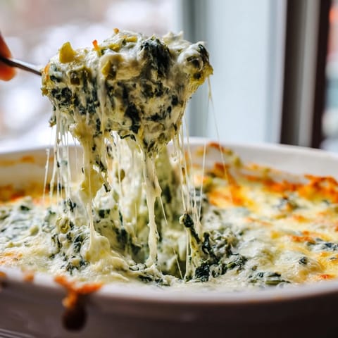 Freshly baked Spinach Artichoke Dip with a creamy, cheesy texture, garnished with chopped spinach and golden Parmesan crust.