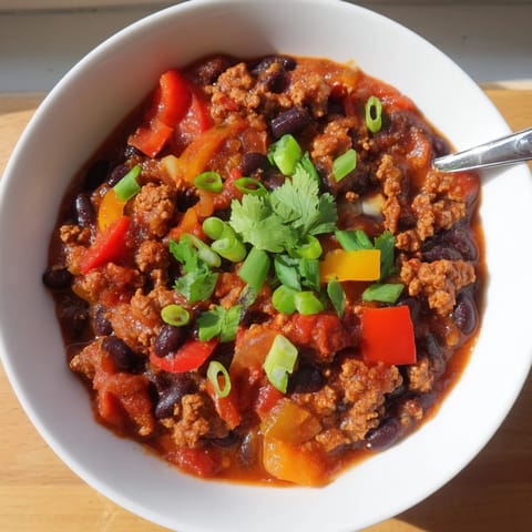 Close-up of a ladle serving Turkey Chili, revealing rich tomato base, tender turkey, and colorful diced peppers.