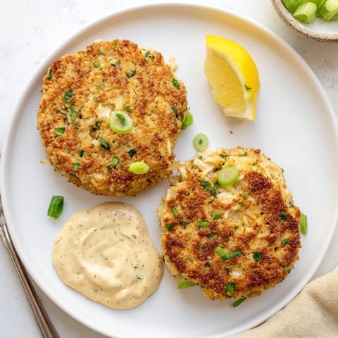 Homemade Crab Cakes served with a creamy dipping sauce on a rustic wooden platter.