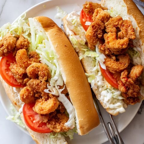 Classic Shrimp Po Boy sandwich stacked high with golden shrimp and fresh toppings, served on a wooden board.