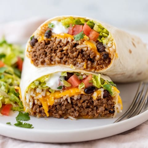 Golden-brown beef burrito sliced in half, revealing layers of black beans, lettuce, and tomato on a wooden board.