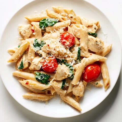 Golden pan-seared chicken and whole wheat penne tossed in a luscious Greek yogurt sauce, garnished with fresh basil.  