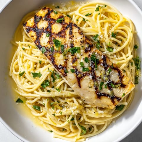 Lemon Bass Pasta plated with a vibrant green herb sprinkle, zesty lemon wedges, and a glass of crisp white wine nearby.  