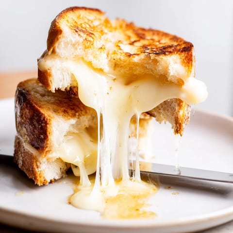 A close-up of a buttery, golden-brown Truffle Grilled Cheese sandwich, cut diagonally to reveal gooey Gruyère and aromatic truffle oil.  