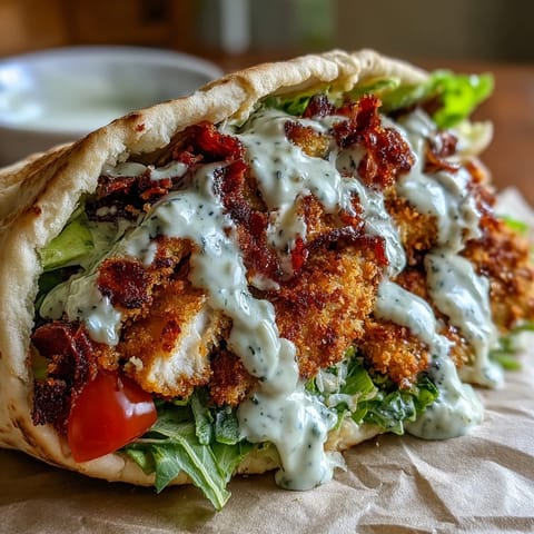 Golden air-fried chicken Caesar pita bursting with fresh, creamy goodness.