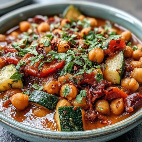 Easy Spicy Chickpea Stew, vibrant and flavorful, garnished with fresh green herbs.