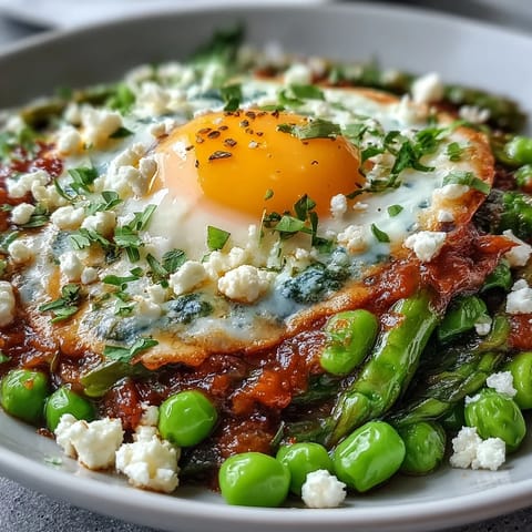 Spring Vegetable Shakshuka topped with fresh parsley, ready to scoop.