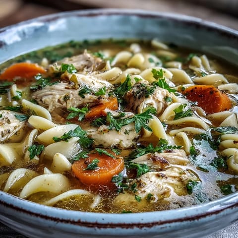 Steaming pot of Chicken Noodle Soup on a stovetop, with diced chicken, sliced carrots and celery simmering in savory broth beside a wooden spoon.