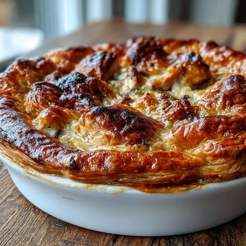 Freshly baked Chicken and Leek Pie with a lattice crust, served warm alongside buttery mashed potatoes and a crisp green salad.