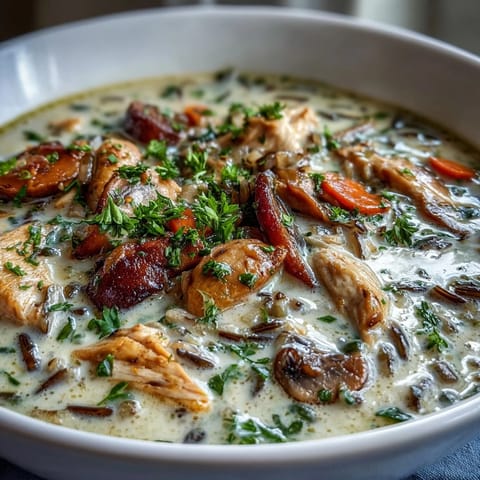 Steaming bowl of Parmesan Mushroom Chicken and Wild Rice Soup with shredded tender chicken and sliced mushrooms.