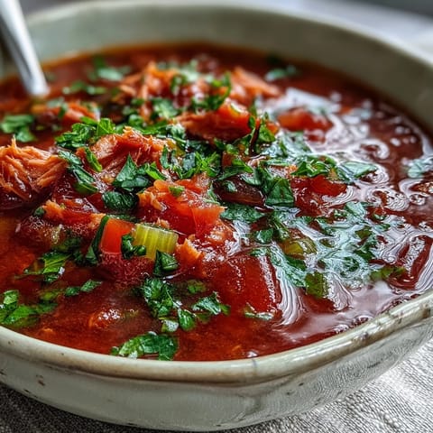 Tuna and Tomato Soup served in a rustic bowl with fresh parsley and a lemon wedge, alongside crusty bread for dipping.
