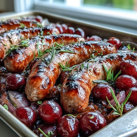Golden-brown Italian sausages roasted with sweet red grapes and rosemary on a rustic sheet pan.
