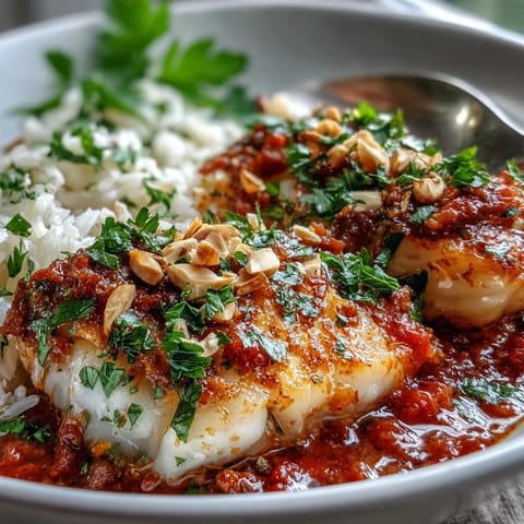 Tomato-Roasted Cod With Spiced Almonds flaked easily over aromatic ginger rice, garnished with fresh parsley and bright lemon wedges.