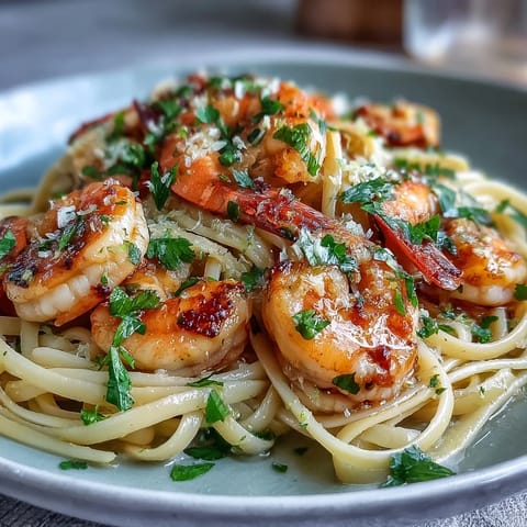 Steaming Shrimp Scampi With Linguine topped with fresh parsley and lemon wedges on a plate.