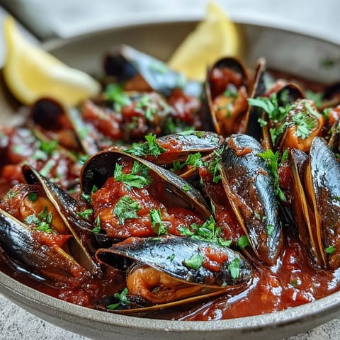 Tender Smoky Mussels Pomodoro served in a rustic bowl with lemon wedges and crusty bread for dipping.