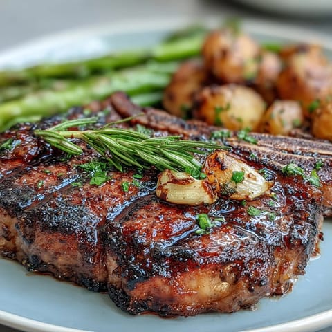 A juicy grilled bone-in rib eye topped with rosemary and garlic, served alongside tender potatoes and bright asparagus.