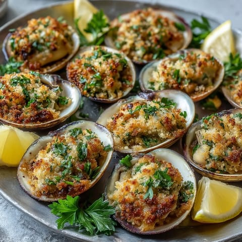 Golden roasted clams with lemony panko topping sit on rock salt with lemon wedges.
