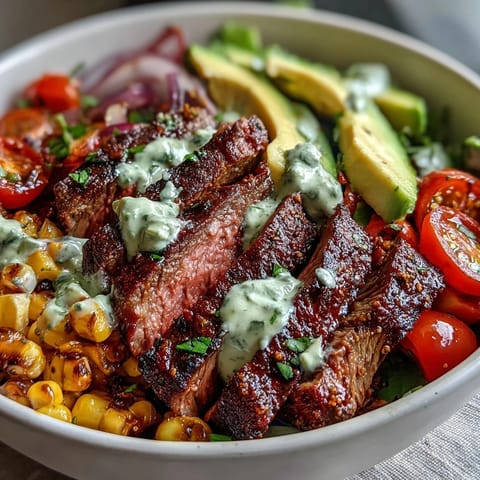 Charred corn kernels and sliced steak fill a rustic bowl with creamy avocado slices and a drizzle of cilantro cream sauce.