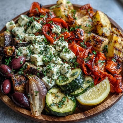 A vibrant platter of Roasted Mediterranean Greek Vegetables topped with crumbled feta and fresh parsley.