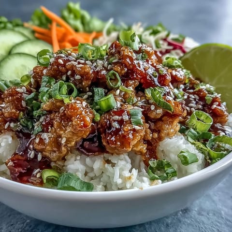 Ground turkey coated in creamy bang bang sauce over rice with crunchy carrots, cucumbers, and red cabbage for a colorful bowl.