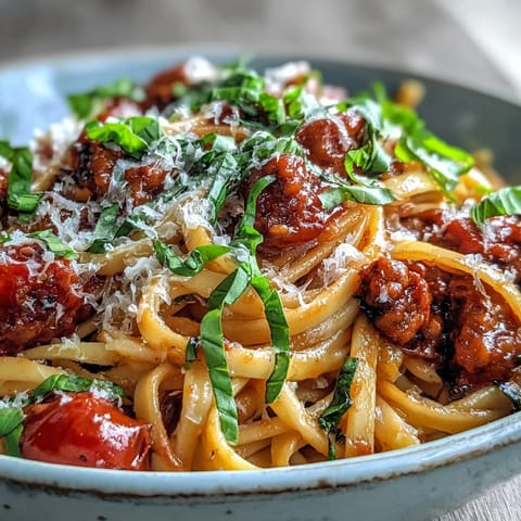 A close-up of Italian Drunken Noodles, featuring al dente spaghetti tossed in a rich Chianti tomato sauce with browned sausage and halved cherry tomatoes.