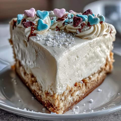 Bright pastel conversation heart candies cover the sides of the no-bake Candy Hearts Fake Cake.