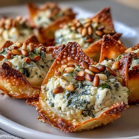 Golden-baked wonton cups cradling creamy spinach and feta filling, garnished with sesame seeds and lemon zest for a Mediterranean appetizer.