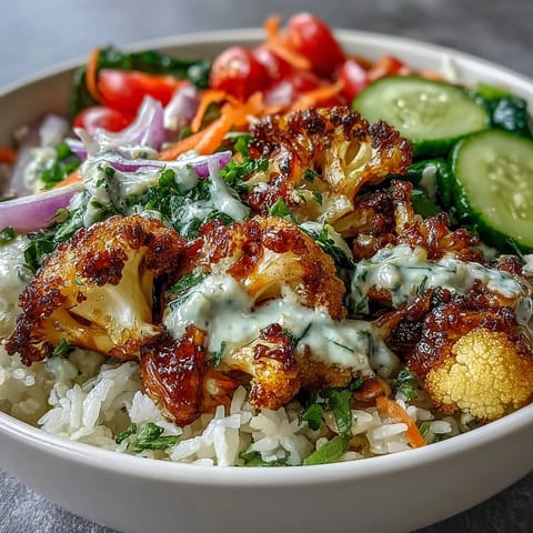 Roasted Cauliflower Bowl with golden herb-roasted cauliflower, fluffy rice, and vibrant veggies drizzled in creamy tahini sauce.