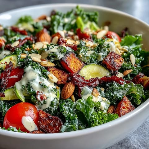 A vibrant Kale Salad Bowl with massaged kale, roasted vegetables, and crunchy seeds, drizzled with creamy tahini dressing.  