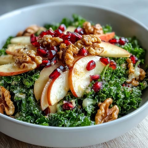 Fresh kale massaged with olive oil, topped with crisp apple slices, juicy pomegranate seeds, and crunchy walnuts in this vibrant Kale and Pomegranate Bowl.