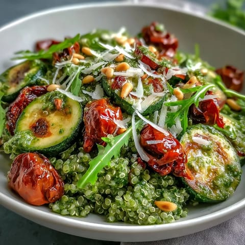 A close-up of the Arugula Pesto Bowl, featuring fluffy quinoa, roasted red peppers, and zucchini piled high with fresh greens.  