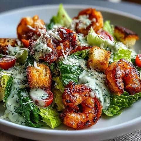 A vibrant Romaine Caesar Bowl features crisp lettuce, creamy dressing, crunchy croutons, and grilled chicken on a white plate.
