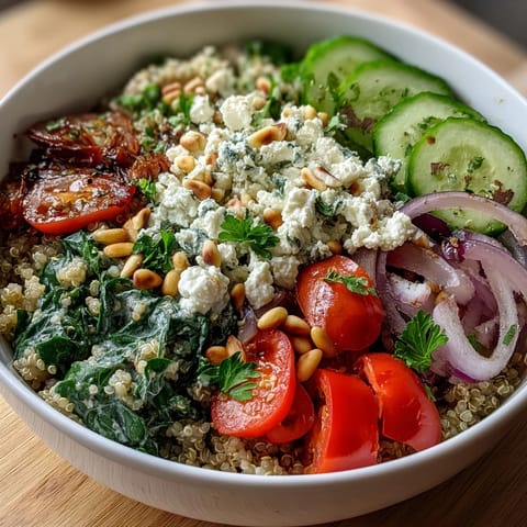 Golden spinach and feta grain bowl topped with fresh veggies, drizzled with lemon dressing for a Mediterranean lunch.