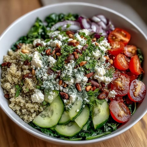 Healthy spinach and feta grain bowl with sautéed greens, cherry tomatoes, and creamy feta cheese, served warm.