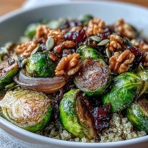 Golden roasted Brussels sprouts and red onions top a bed of fluffy quinoa in this vibrant vegetarian bowl, drizzled with tangy balsamic dressing.