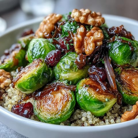 Hearty roasted Brussels sprouts and onion mixture paired with warm grains for a nourishing, gluten-free dinner bowl, garnished with crunchy nuts and seeds.