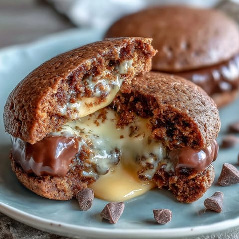 A warm Cadbury Egg stuffed chocolate chip cookie with gooey creme egg center and melted chocolate chips.