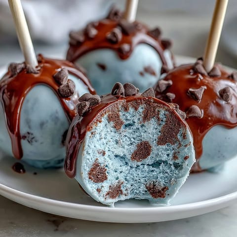 Bite-sized robins egg blue cake pops with speckled chocolate coating, perfect for festive spring dessert tables.  