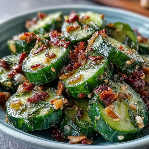 A vibrant smashed cucumber salad glistening with garlicky chili oil and sesame dressing.
